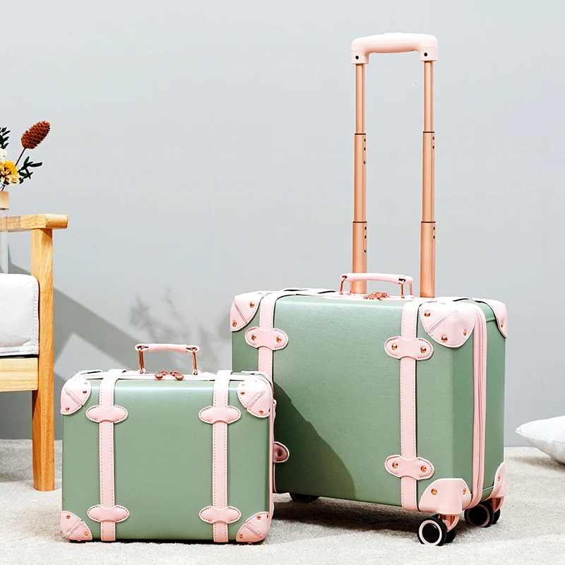 Handmade retro luggage pu leather trolley suitcase women 16/18 inch carry on boarding case high-value handbag travel suitcase