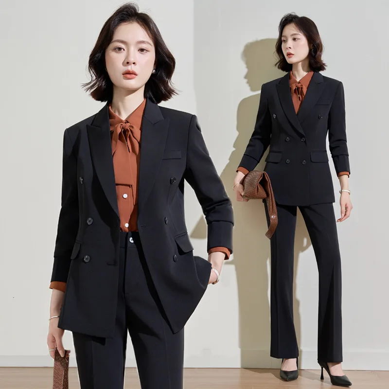 Black double-breasted women's suit set for spring and autumn, suitable for workplace, commuting, and interviews, formal British-
