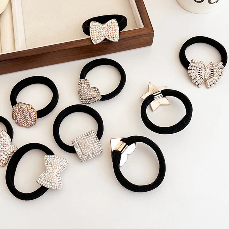 10pcs Faux Pearl Hair Tie Rhinestone Glitter Hair Rope Elastic Hair Accessories Flower Heart Square Ponytail Holder Women Girls