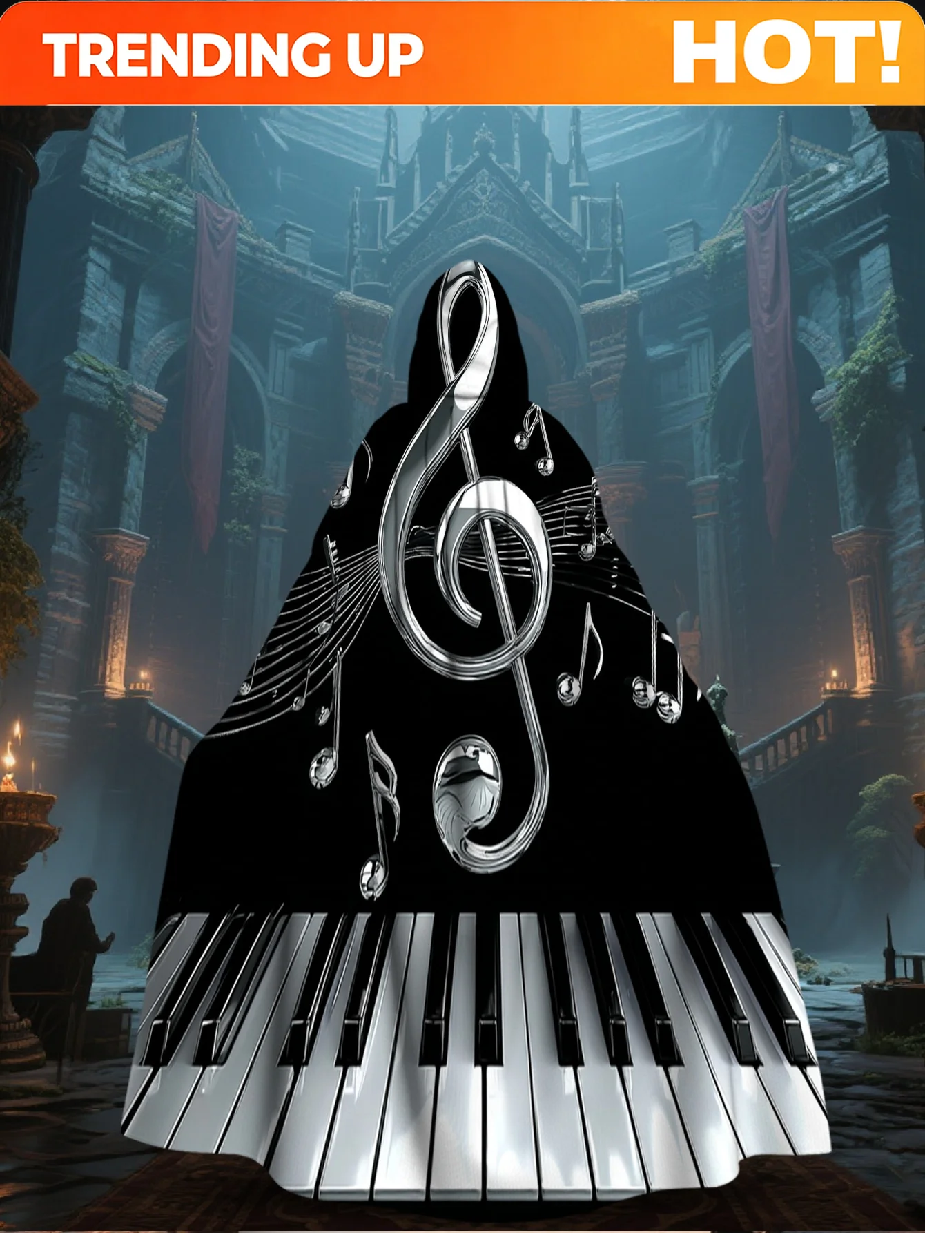 Customization 1pc ' Piano Key Hooded Cape Costume - Musical Note & Treble Clef Cape With Piano Key Design, 100% Polyester
