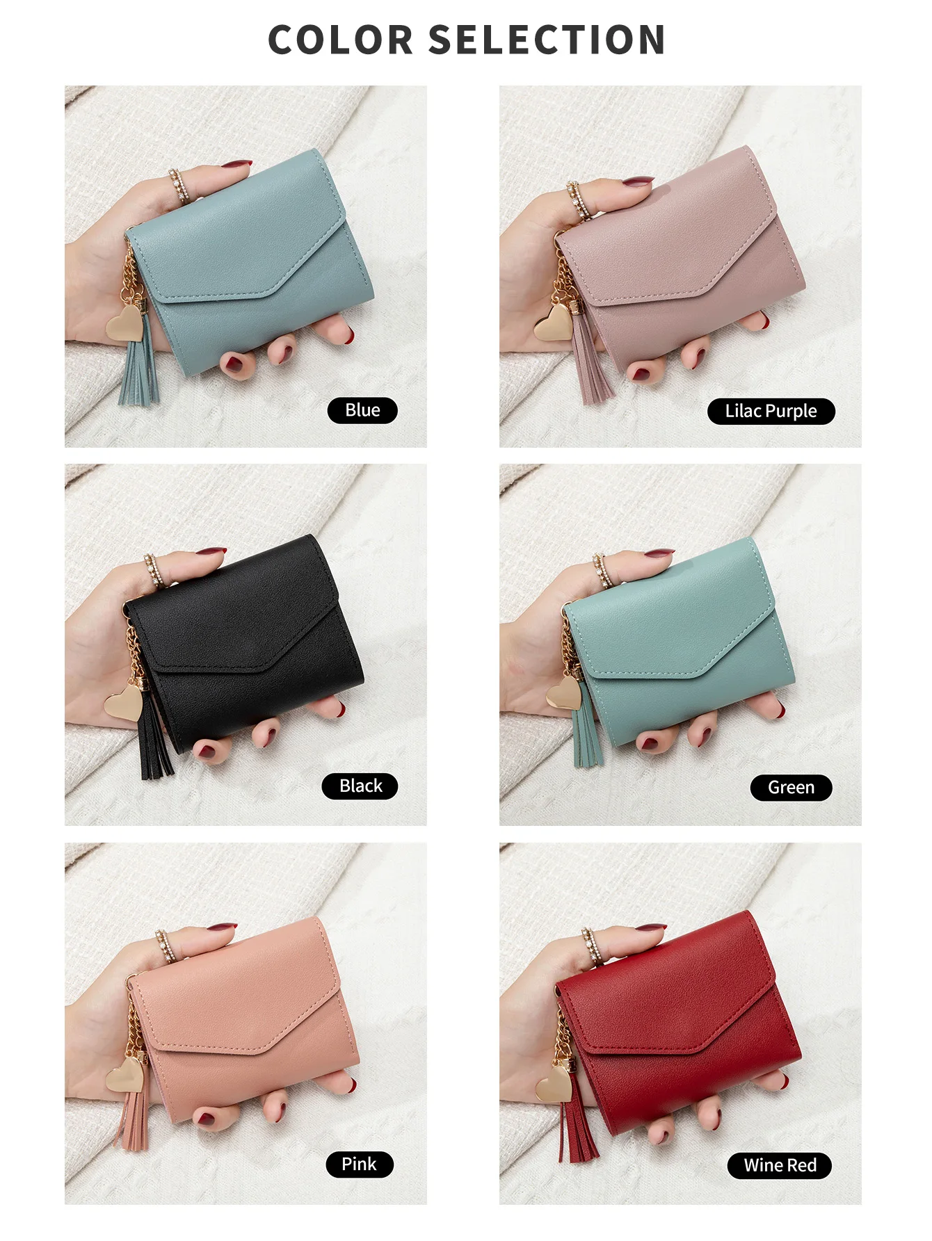 Kompakte Damen-Clutch-Geldbörse, schlankes Schwarz, tragbare Geldbörse mit goldfarbenem Druckknopfverschluss und Quastendetail, leichte Mini-Geldbörse – Detail 5