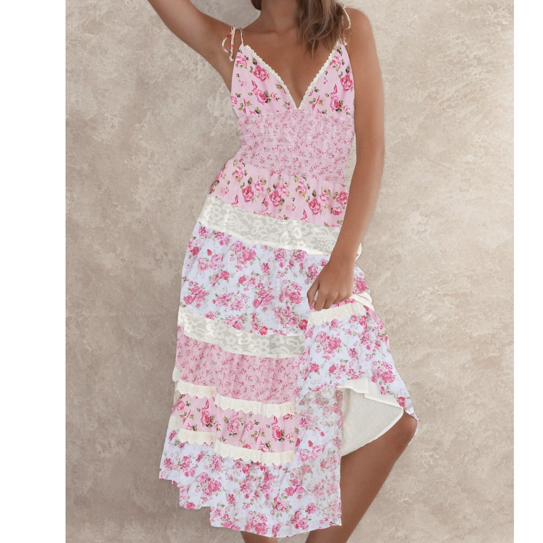 ผู้หญิงชุดยาวชายหาดดอกไม้พิมพ์ลูกไม้ Trim Tie-Up สปาเก็ตตี้สายรัด Cami ฤดูร้อนแฟชั่นชุดลําลองแขนกุด