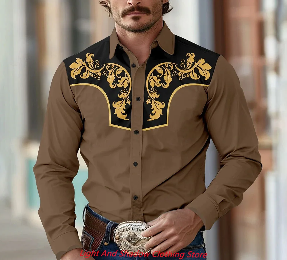 2025 Men's Flower Pattern Western Printed Shirt Cowboy Shirt Long Sleeve Casual Collar Button Men's Clothing XS-6XL