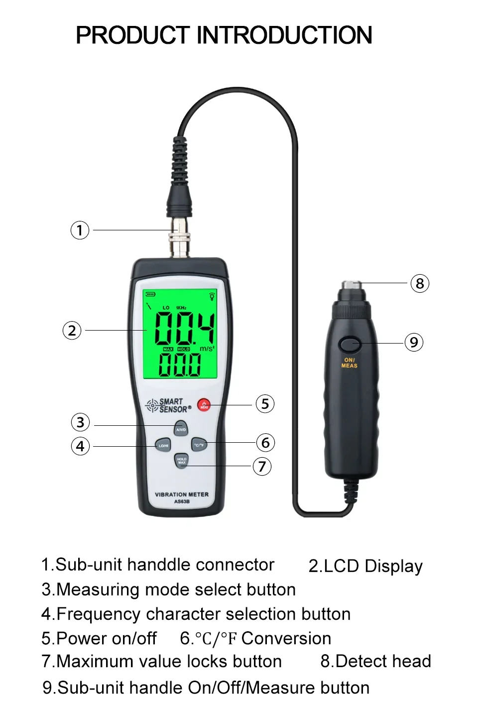 Gauge Analyzer AS63B Digital Vibration Meter 0.1~199.9m/s High Precision Probe Type Detached Handheld Vibration Detector Tester