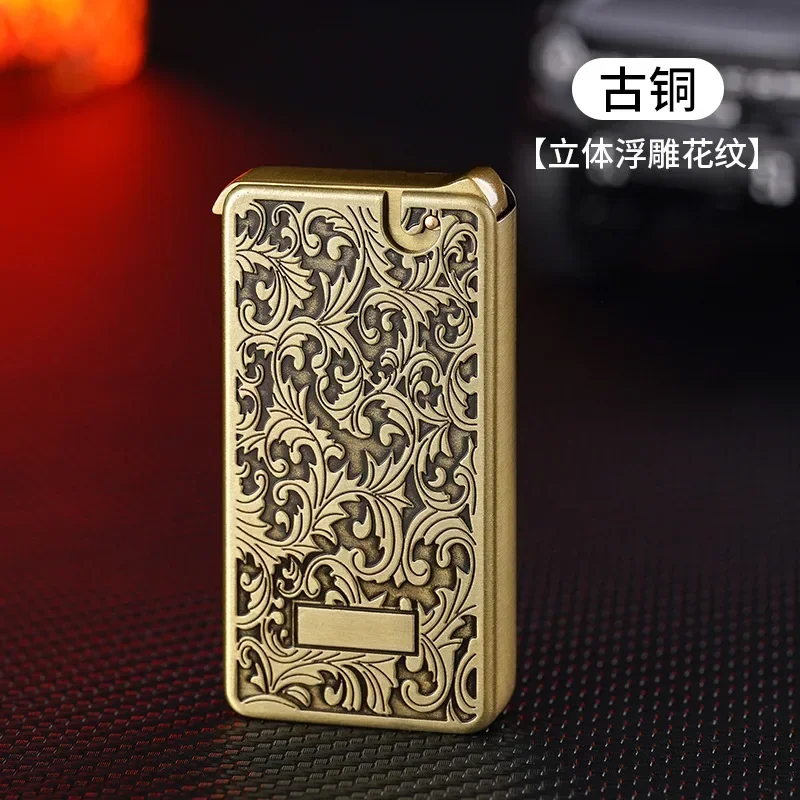 Mechanical one-button ejection ignition butane gas lighter electroplated three-dimensional relief open flame fashion