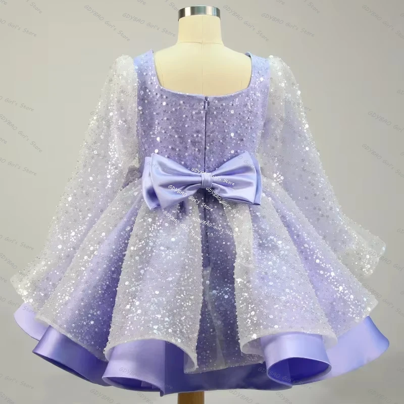 Customized Sequin Girls Party Gown Long Sleeve Princess Pageant Dress Sparking Kids Knee Length Ruffles Tulle Flower Girl Frock