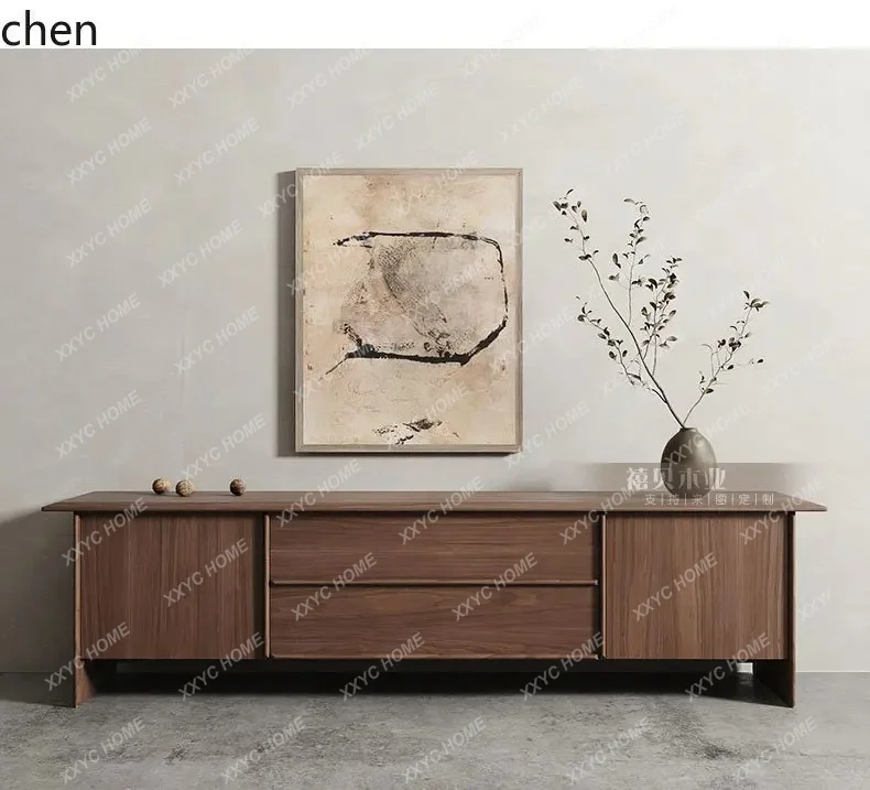 

L rattan TV cabinet living room retro storage locker villa model room homestay floor-to-ceiling low cabinet