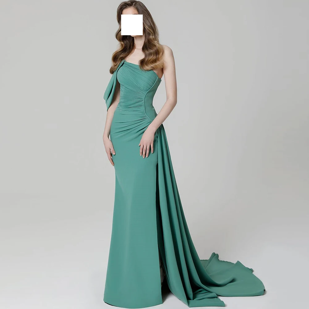 

Customized Classic One Shoulder Green Jersey Panel Train Evening Dress Sexy Side Slit and Sleeveless Zipper Back Party Dresses