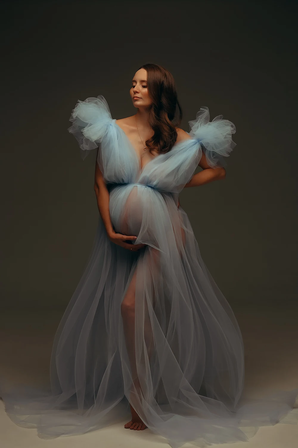 

Sexy Women Pregnant Prom Dress For Photo Shoot V Neck Short Sleeves Bridal Morning Robe Customized Tiered Tulle Long Party Gown