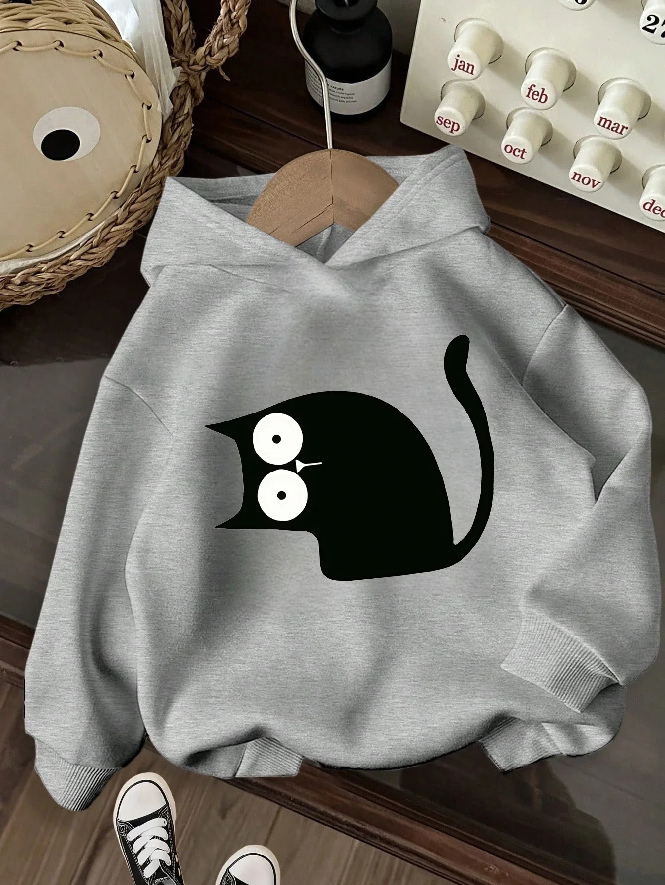Funny Black Cat Graphic Hoodies for Teen Girls Grey Printed Sweatshirt Kawaii Cat Lover Birthday Present School Hooded Tops