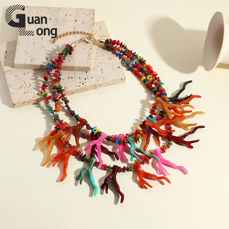 GuanLong Trendy Bohemia Resin Coral Big Necklaces for Women Vintage Retro Multilayer Beaded Chain Choker Necklace Party Jewelry