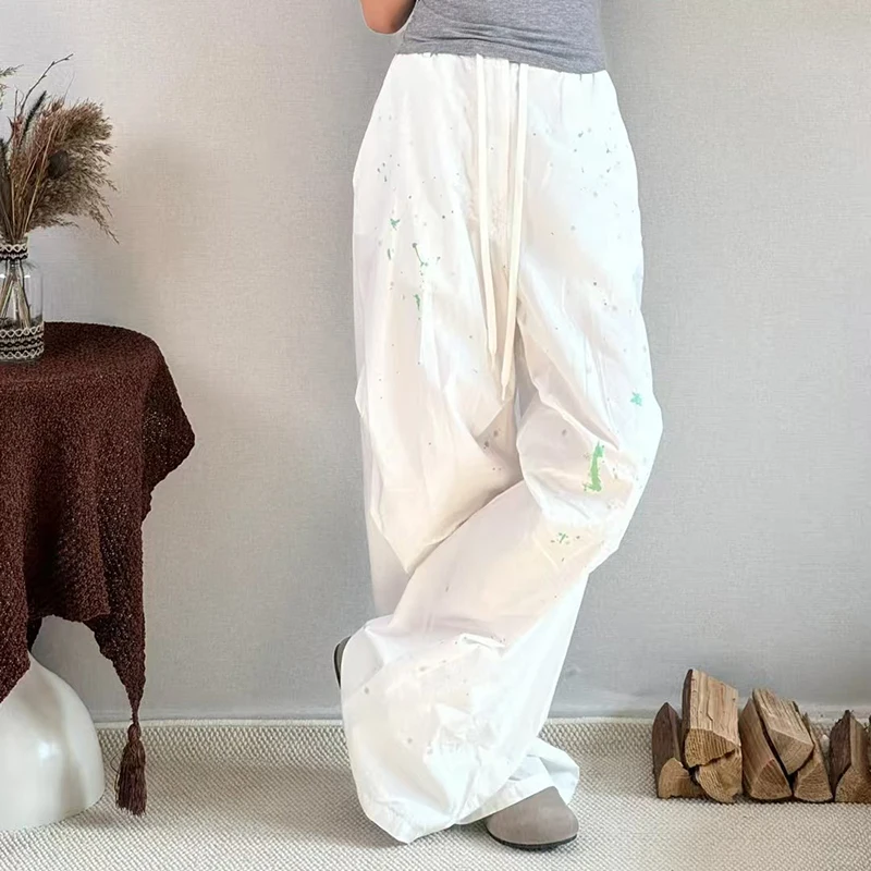 

Ladies' splashed ink lace up casual pants, fashionable high street loose wide leg pants, drawstring pleated pants, 2025, new