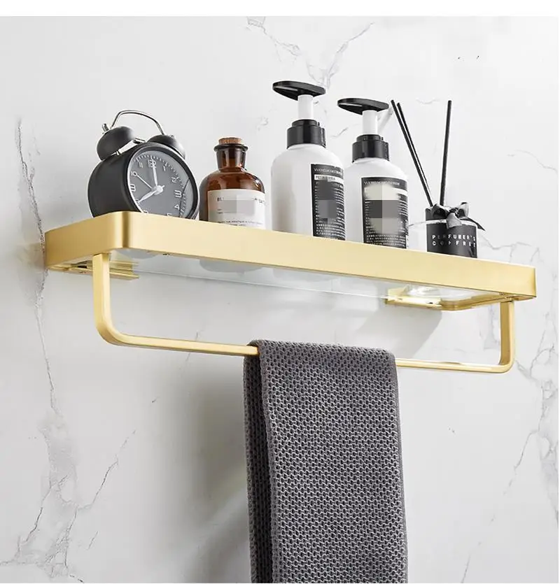 

Bathroom Storage Rack Golden Brushed Bathroom Glass Bathroom Shelf Free Perforation Wall-mounted Cosmetic Storage Rack Metal