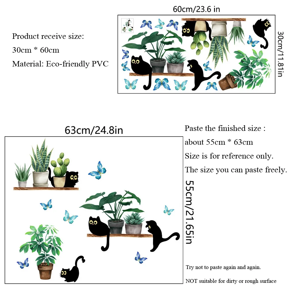 Green Plant Potted Black Cat Wall Sticker Living Room Background Decor Kitchen Home Decoration Wallpaper Self-adhesive Decals