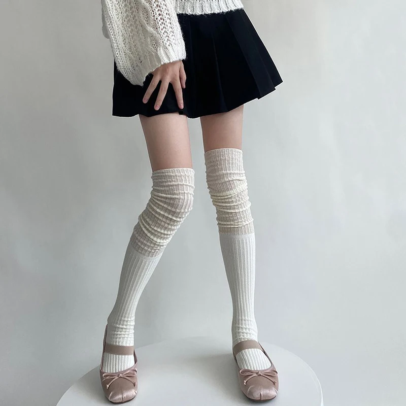 

Autumn Winter Women Stockings Japanese Splicing Pile milky white Thigh High Girls Stocking Soft Cotton Over Knee Striped hosiery