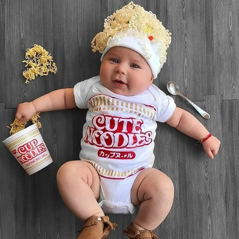 Infant Short Sleeve Cute Noodles O-Neck Baby Bodysuit Newborn White One Piece Pure Cotton Soft Breathable Daily Wear Kid Outfits