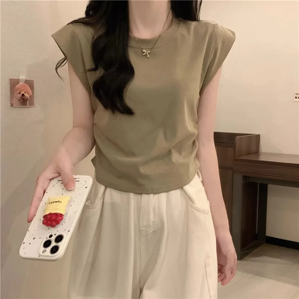 

Стильный женский укороченный топ с облегающим кроем, прямой плиссированной талией, плиссированной талией и небольшими летающими рукавами для праздника и клуба.