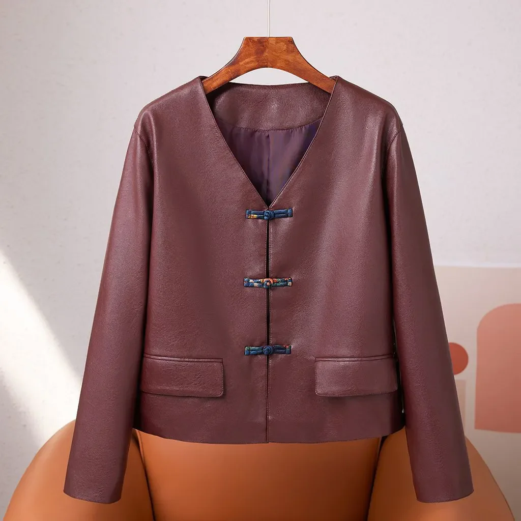 Primavera outono nova jaqueta de couro outwear feminino novo estilo chinês moda nacional curto solto manga longa topos de couro