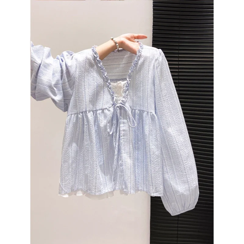 Women Clothing Spring Autumn Fashion Casual Lacing Solid Color V-neck Female All-match Appear Thin Slim L Long Sleeve Literature