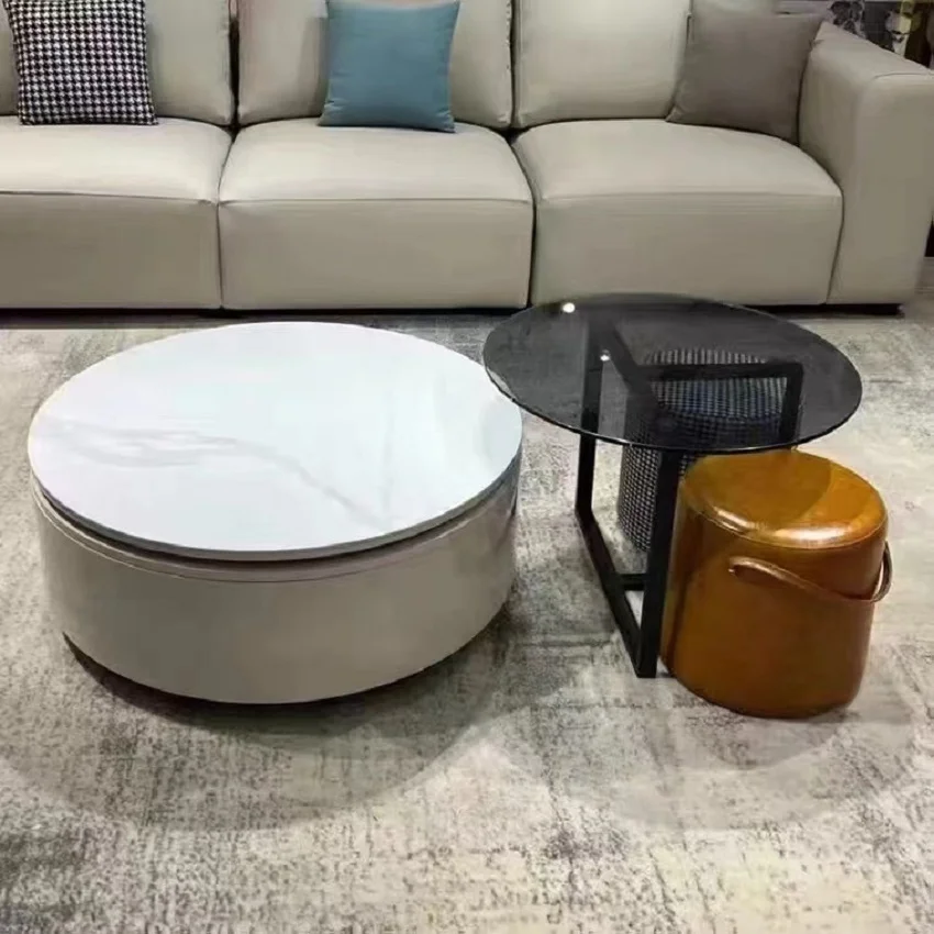 Simple and modern round coffee table combination rotatable living room small apartment Nordic small fresh cream wind rock board