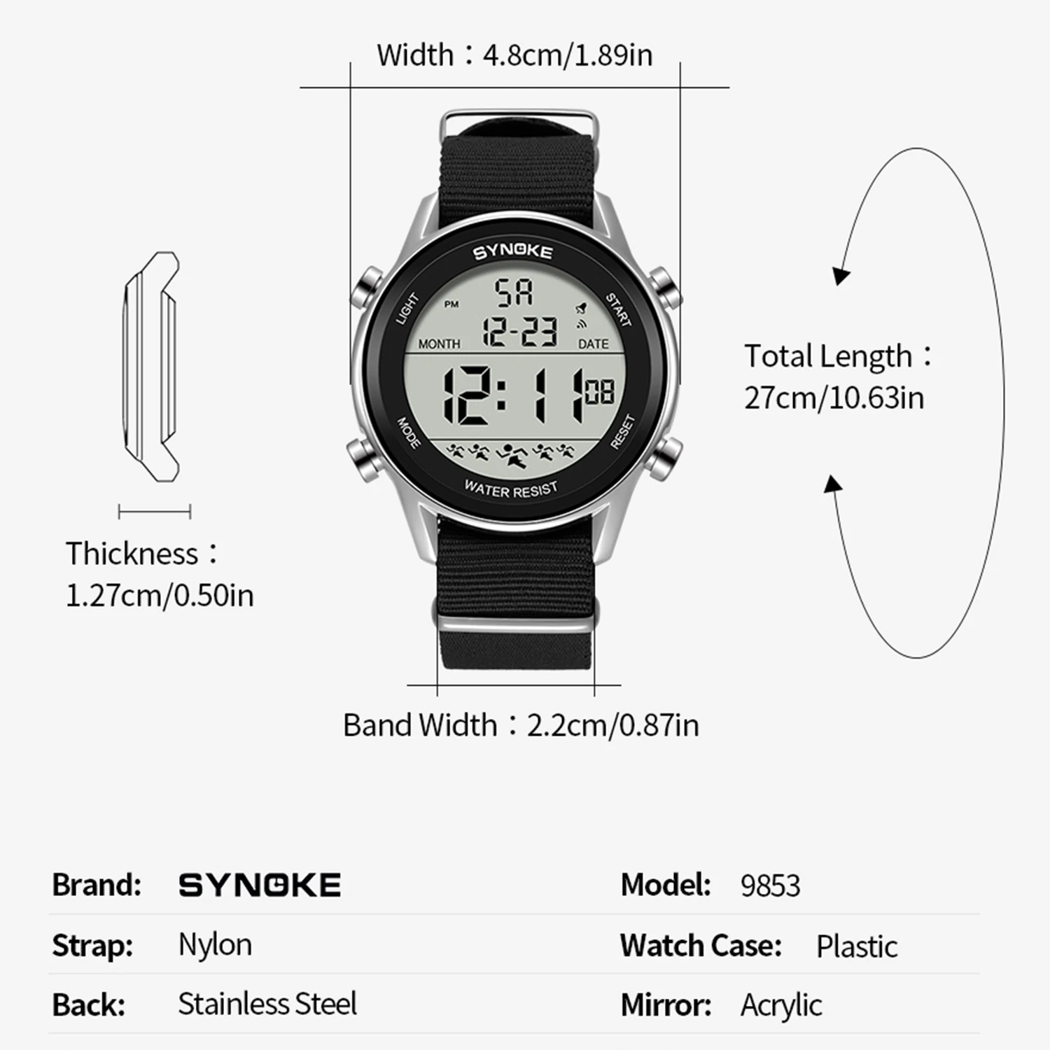 SYNOKE-Montre numérique étanche pour homme, bracelet en nylon 9853, montre-bracelet de sport militaire, montre électronique multifonction pour étudiant, 50m