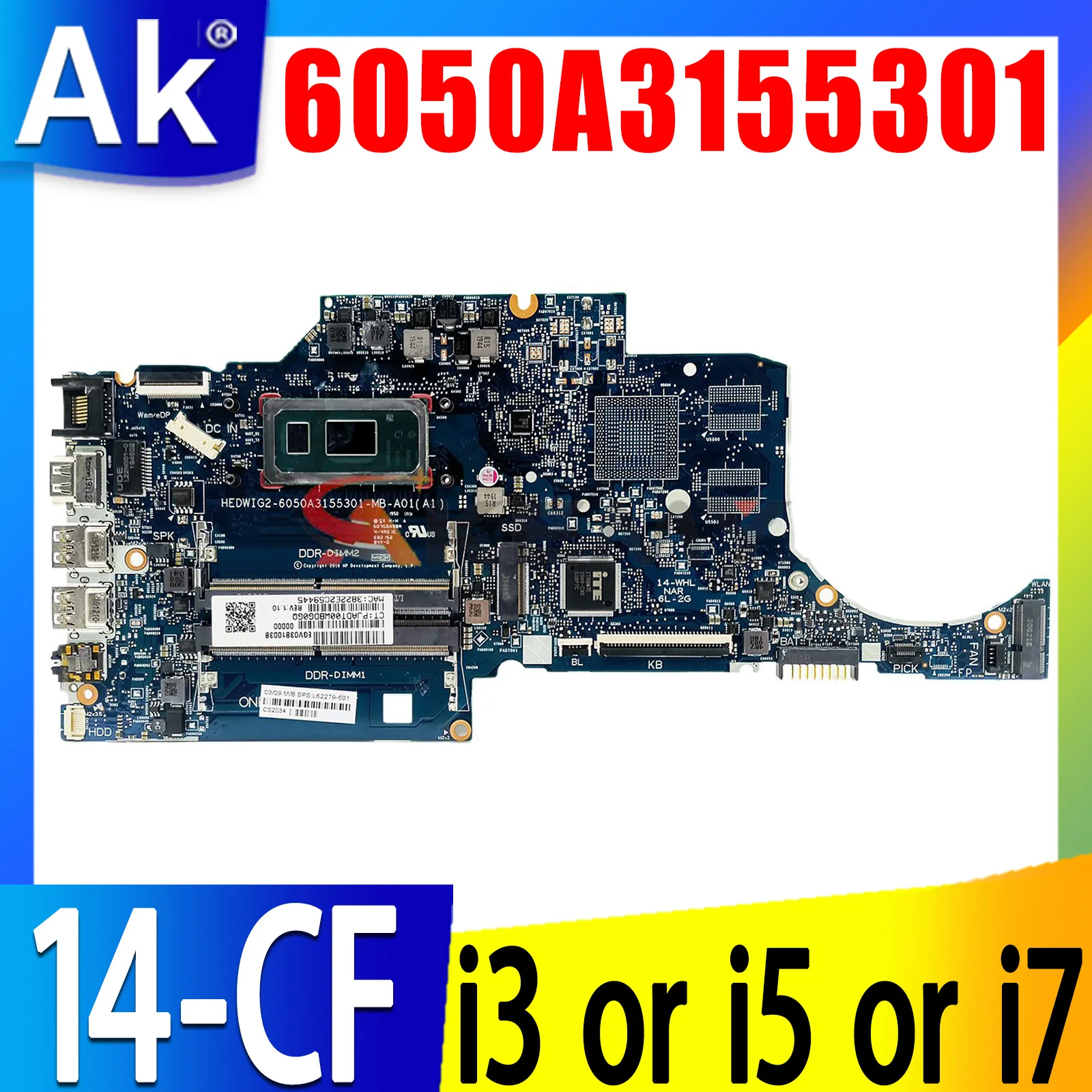 

6050A3155301-MB-A01 For HP Pavilion 14S-CF 14-CF Laptop Motherboard i3-8145U i5-8265U i7-8565U CPU L38212-601 100% Fully Tested