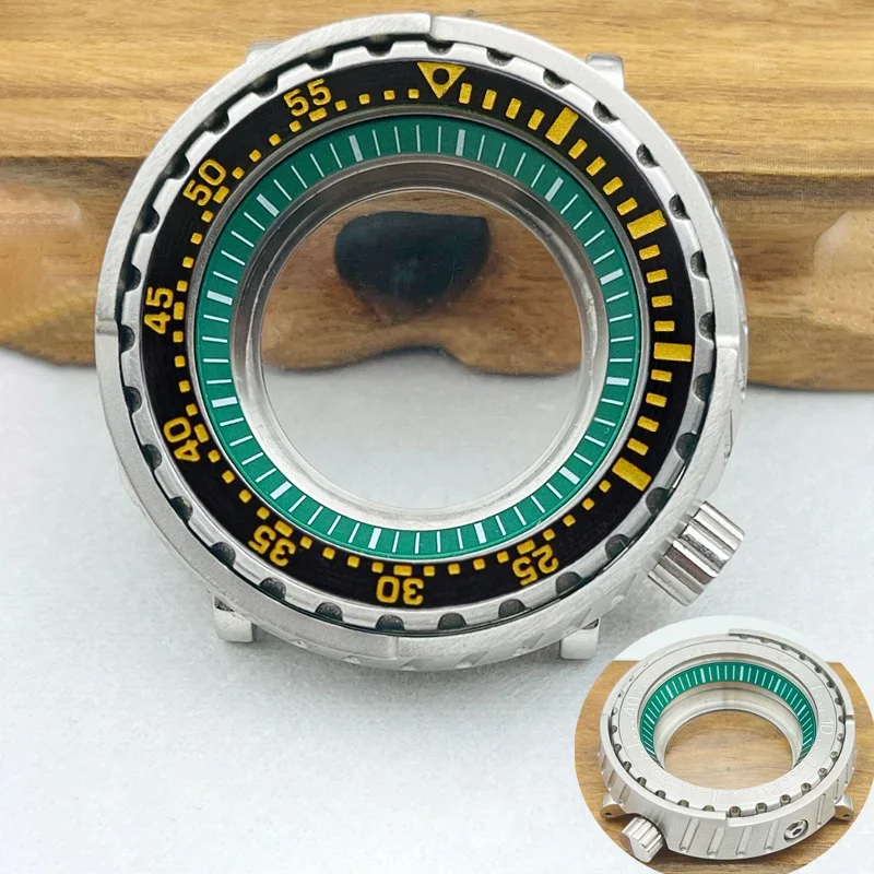Custodia per orologio al tonno da 47 mm Custodia NH35 adatta per NH34 NH35 NH36 7S26 Movimento Cover posteriore trasparente Custodie per orologi con anello interno verde