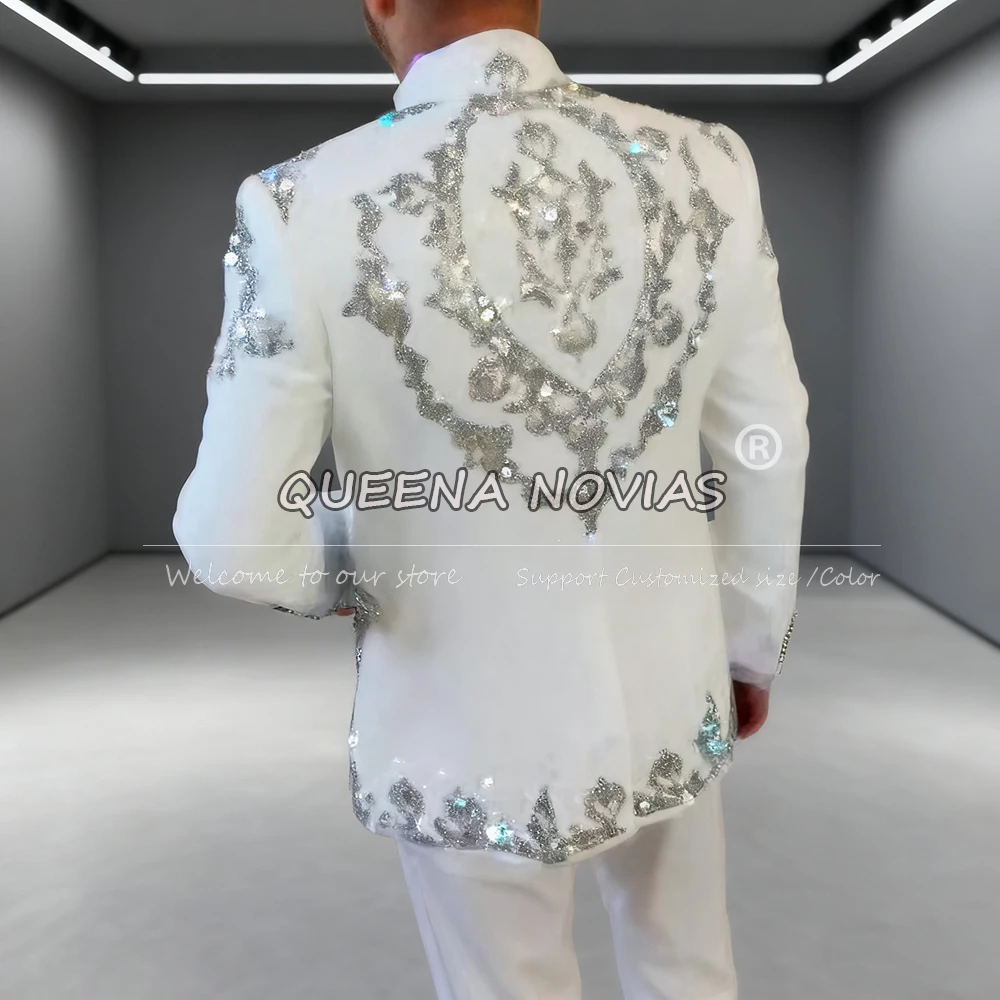 

Мужские костюмы с металлическими кристаллами и бисером на свадьбу, комплект из 2 предметов, мужские банкетные пиджаки, индивидуальные смокинги для жениха Terno Masculinos Completo