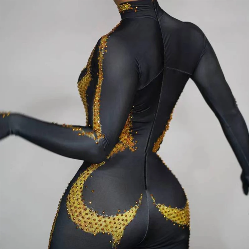 Bar club nocturno Ds Dj escenario Gogo traje Retro de manga larga mono con diamantes de imitación mujeres rendimiento disfraz de Reina Drago XS7649