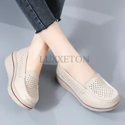 Zapatos informales de cuero para Mujer, mocasines planos huecos, sin cordones, transpirables, con plataforma