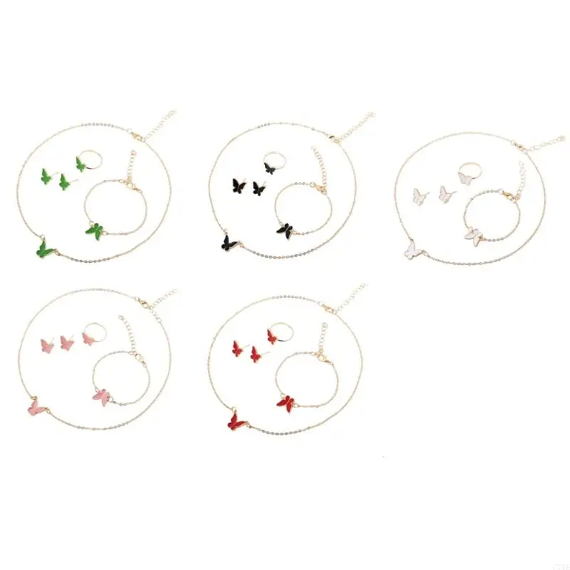C71E Butterfly Jewelry Set 4pcs Ожерелье для шеи с серьгами ушные шпильки Bangle