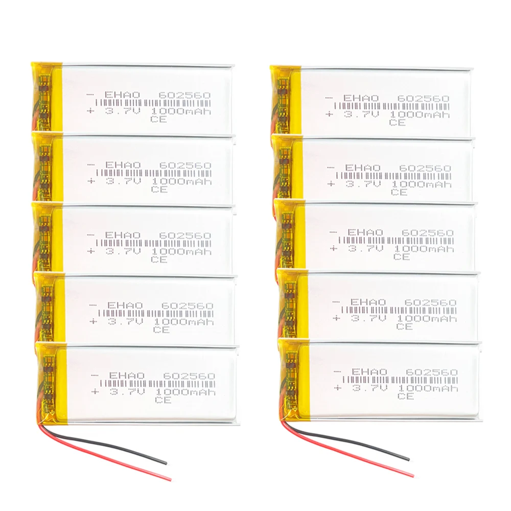 10 x 3.7V 1000mAh Lithium Polymer LiPo Rechargeable Battery Li Cell 602560 For Mp3 DVD Mobile Phone Bluetooth Led Light Massager