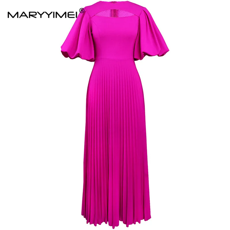 MARYYIMEI Fashion Women's New Round Neck Hollow Out Elegant Lantern Short-Sleeved High-Waisted Office Lady Pleated Maxi Dress