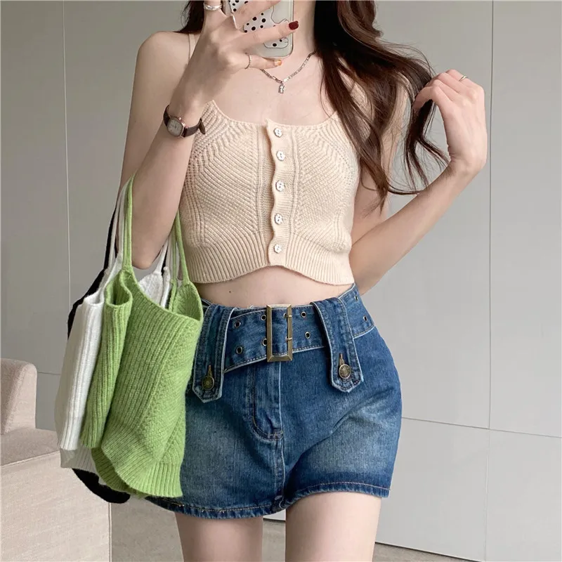 Women Solid Single-breasted Sweet Knit Tank Tops Summer Backless Versatile Cardigan Camisole Sleeveless Slim Sweater Base Shirt