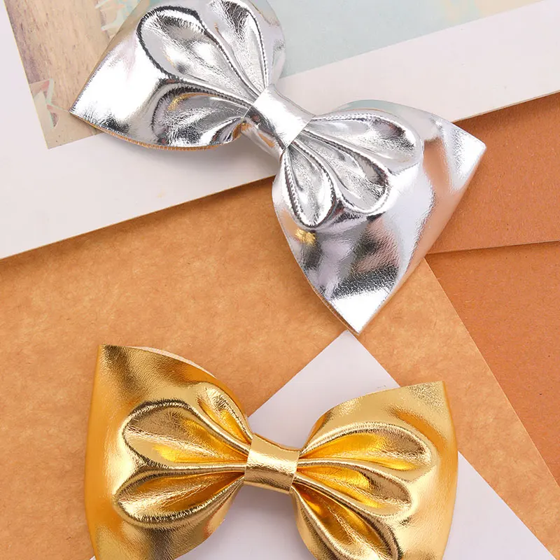 2Pcs Gold Hair Bow Clip For Children PU Sliver Metallic Hairpins Shinning Golden Barrettes Headwear Girls Hair Accessories