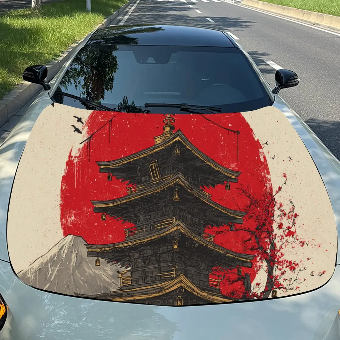 

Japanese Pagoda Red Sun PVC Car Engine Hood Vinyl Wraps, Self-Adhesive Waterproof Car Hood Decal Sticker, Car Decoration Protect