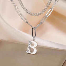 Cazador Clear Zircon Initial Letter Double Chain Necklace Stainless Steel Trendy Women's Necklace Jewelry Mother's Day Gift