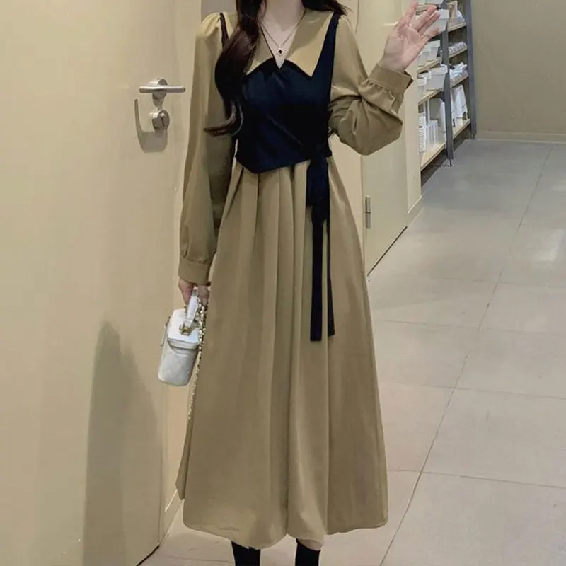

Элегантная мода Harajuku Slim Fit Женская одежда Свободная повседневная универсальная юбка трапециевидной формы с v-образным вырезом и длинным рукавом Искусственные платья из двух частей