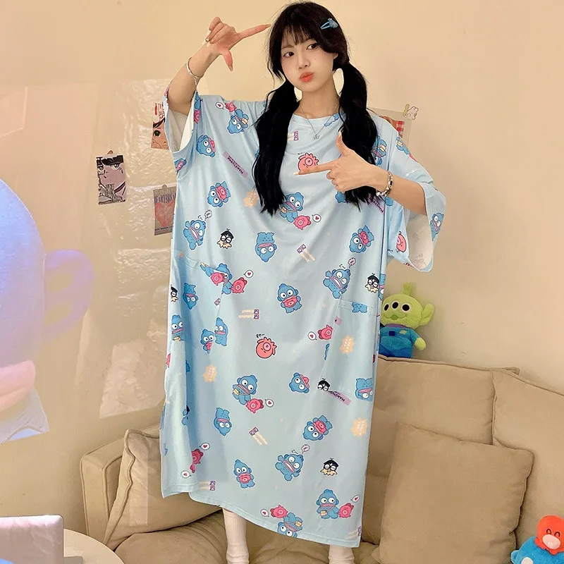 Kawaii Sanrioed Kuromi Hangyodon Pochacco Printed Women\'s Loose Fitting Nightgown Cute Round Neck Short Sleeved Home Clothing