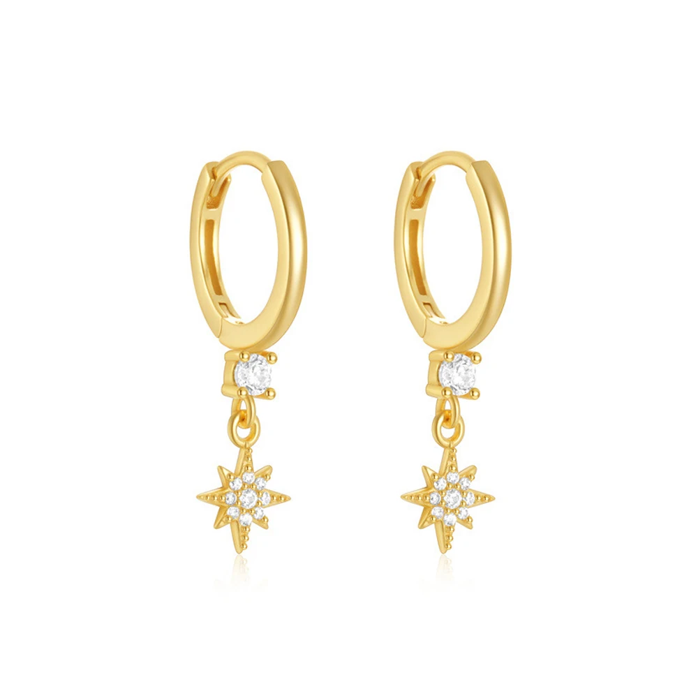 

TKJ стерлингового серебра 925 пробы, простые модные серьги-кольца с восьмиконечной звездой и цирконием, супер блестящие универсальные элегантные украшения для ушей