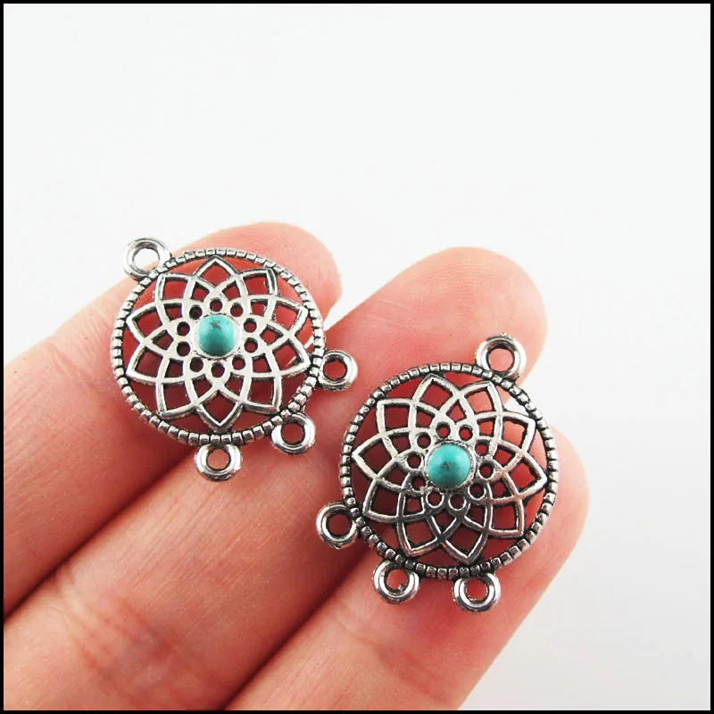 Fashion New Turquoise Stone Connectors Charms Flower Heart Tibetan Silver Plated Pendants Retro HCJBAB