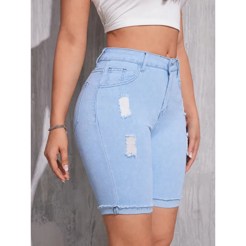 

Streetwear Style Women's Elastic Denim Shorts 2026 Summer New Light Wash Distressed Rolled Hem Casual High Waist 5-Pocket Jeans