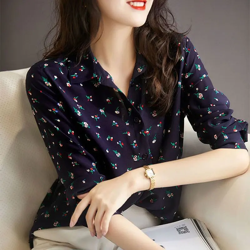 Casual Printed Single-breasted Blouse Women\'s Clothing Commute Turn-down Collar Vintage Spring Long Sleeve Korean Loose Shirt