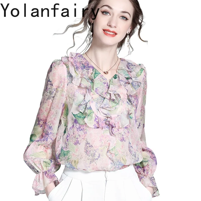 

YOLANFAIRY Элегантная блузка с рюшами, женская одежда, винтажные рубашки, женские красивые блузки из 100% тутового шелка с цветочным принтом, женские топы
