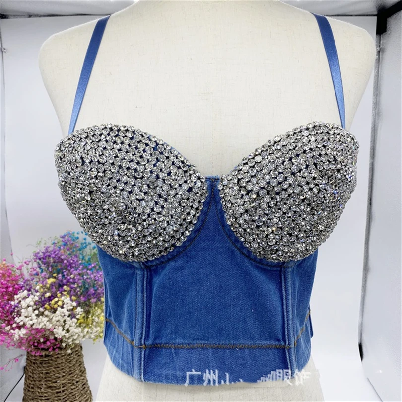 Fashion Short Slim Fit Sleeveless Top Women Rhinestone Diamonds Push Up Bustier Bra Denim Tube Top Nightclub Party Tanks Camis