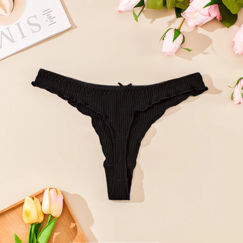 3 Pieces Women\'s Sexy Thong Bow Beautiful Compact Cute Comfortable Youth Multicolor Panties Summer Explosion Black Side Cotton