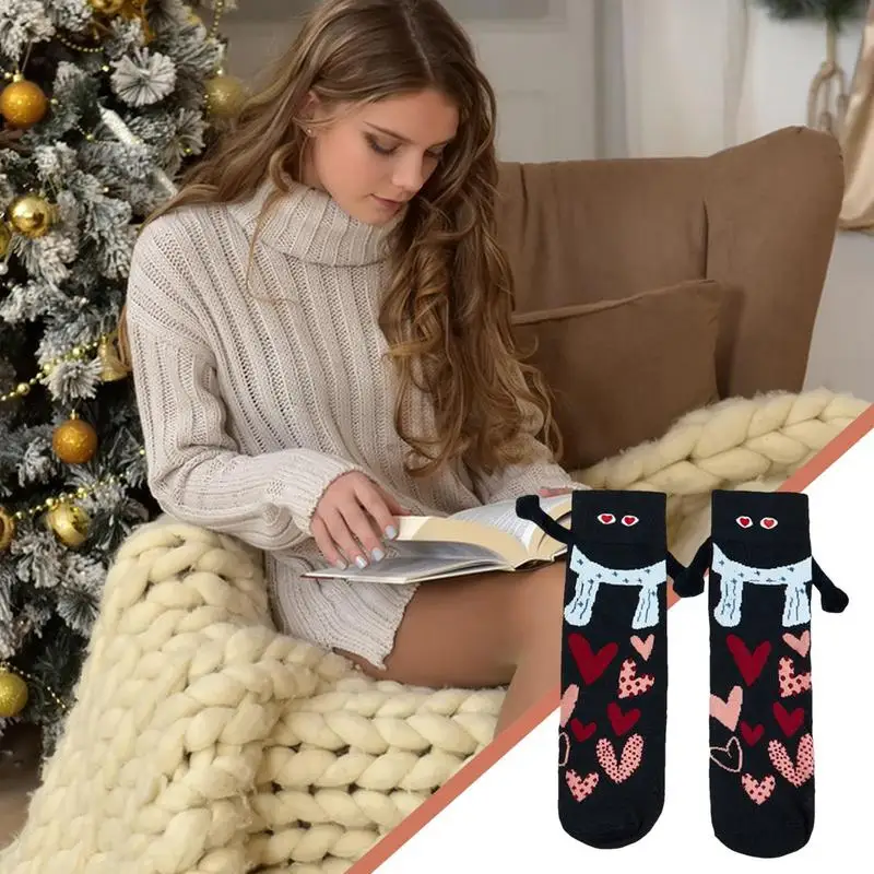 Funny Socks For Women Heart Pattern Couple Magnetic Hand Socks Cute Unisex Mid-Tube Stocking Festival Outfit For Christmas