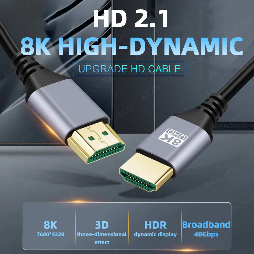 AIXXCO-Cable 2,1 Compatible con HDMI, 8K @ 60Hz, 4K @ 120Hz, 48Gbps, HDR de Ultra alta velocidad para proyector de ordenador portátil, PS4, PS5, HDTV