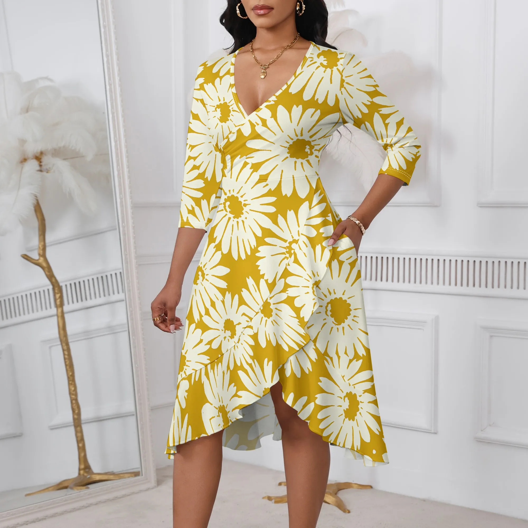 

Nupusa Daisy Print Dress for Women Summer Casual V Neck Half Sleeve Asymmetrical Dress