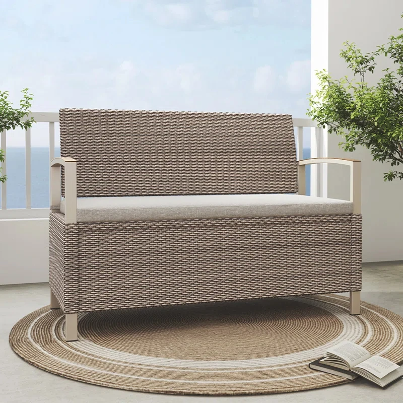 Outdoor Storage Bench Deck Box with Olefin Cushion, Wicker Deck Box with Water Resistant Bag, Outdoor Seating for Front Porch